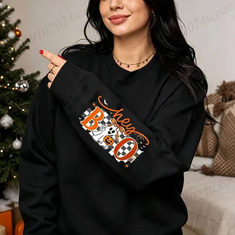 Halloween Hey Boo Unisex Sweatshirt Cute Bow Ghost Pumpkin Graphic Crewneck Long Sleeve Casual Fall Pullover Cotton Tops 330gsm — image 4