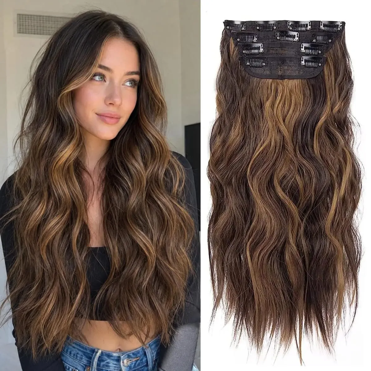 4PCS/Set Clip-in Hair Extensions 20inches Long Water Wavy Synthetic Hair Extensions Thick Hairpieces Fake Hair for Women Girls