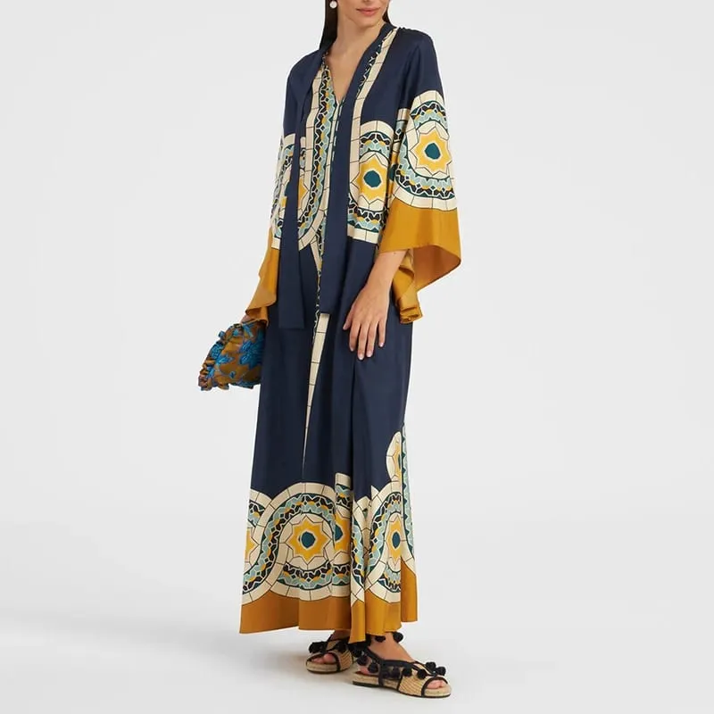 Étnico retro primavera impressão boho vestido longo feminino sexy gola rendas vestido de festa outono manga longa solto senhoras maxi vestidos — image 11