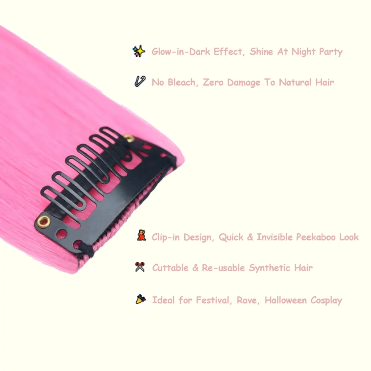Glow In The Dark Clip‑In Hair Extensions 24 Inch Synthetic Peekaboo Highlight Hairpieces For Festival Halloween Party