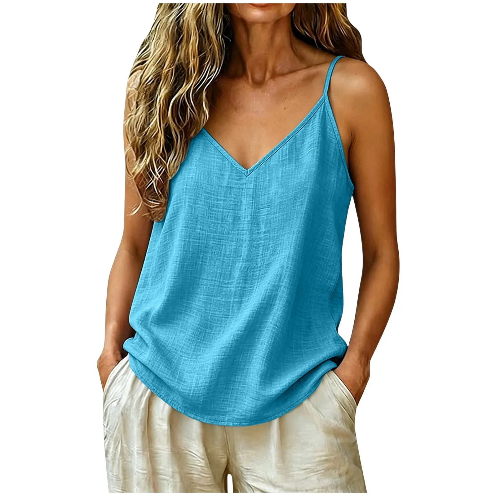 Women Cotton Linen Spaghetti Strap Tank Top V Neck Solid Color Loose Fit Lightweight Casual Sleeveless Camisole Summer Beach Top — image 10