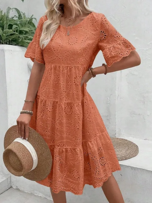 Pambabaeng White Eyelet Embroidery Midi Dress Hollow-out Boho Flowy Ruffle Tiered Dress Casual Short Sleeve Summer Beach Dresses — image 8