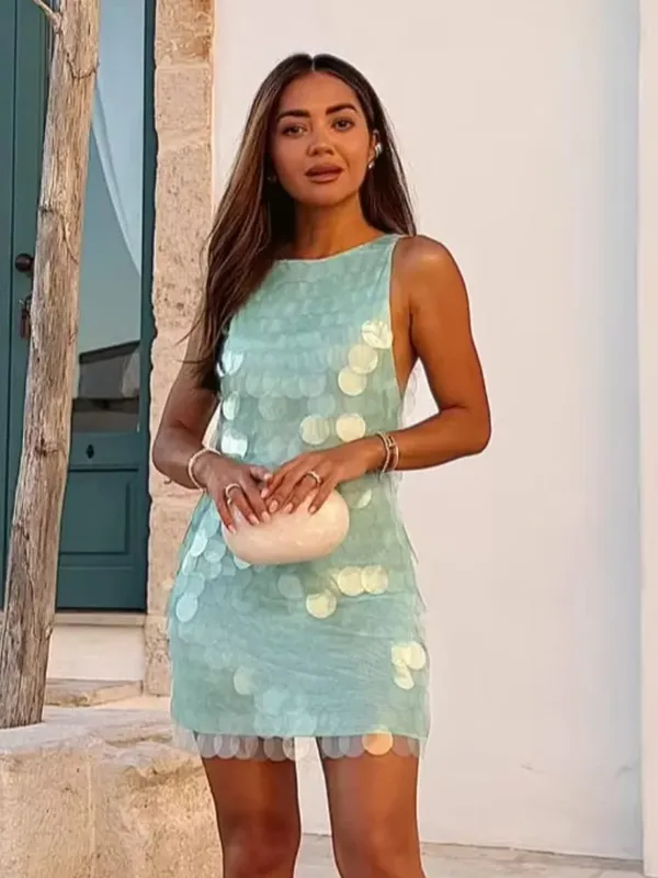 Sexig paljett Rygglös Ärmlös klänning Kvinnor Chic High Waist Bodycon Sling Miniklänningar 2026 Lady Beach Vacation Party Club Wear
