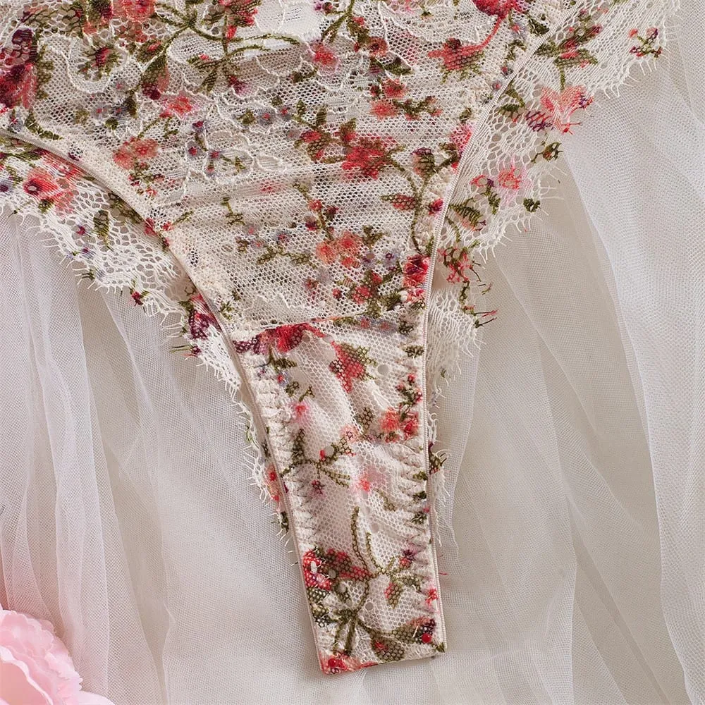 Krasapt franska blommor broderi underkläder 2 st set Fancy spets patchwork genomskinlig behåar och trosor Kostymer Sexiga erotiska outfits — image 6