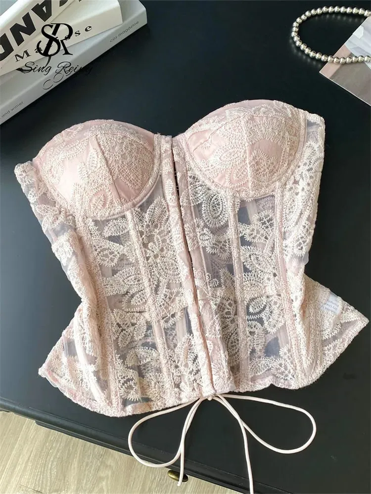 Floral Embroidery Sexy Club Top Female Strapless Slim Corset Backless Tank Top French Lace Up Basics Sheer Camisole