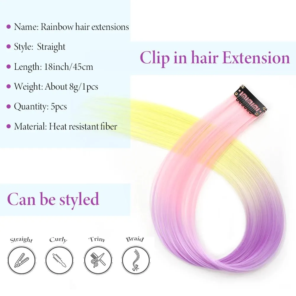 5PCS/set Clip in Hair Extensions Synthetic Hairpieces Colored Party Highlights for Girls 18 inches Multi-colors Straight Hair — image 3