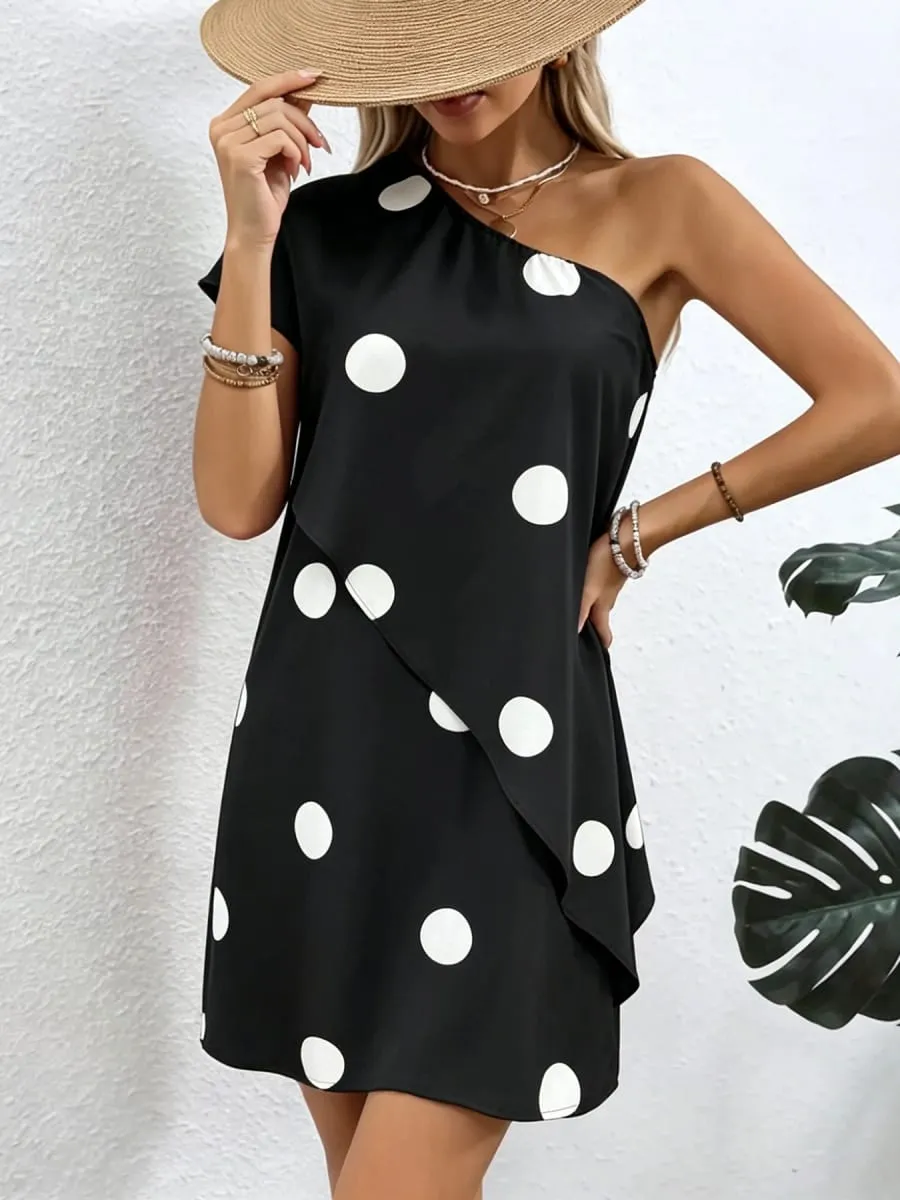 Ladies Elegant Casual Simple Polka Dot Print Ruffle Hem Dress Women's Fashion Round Neck Short Sleeve Dress — image 3