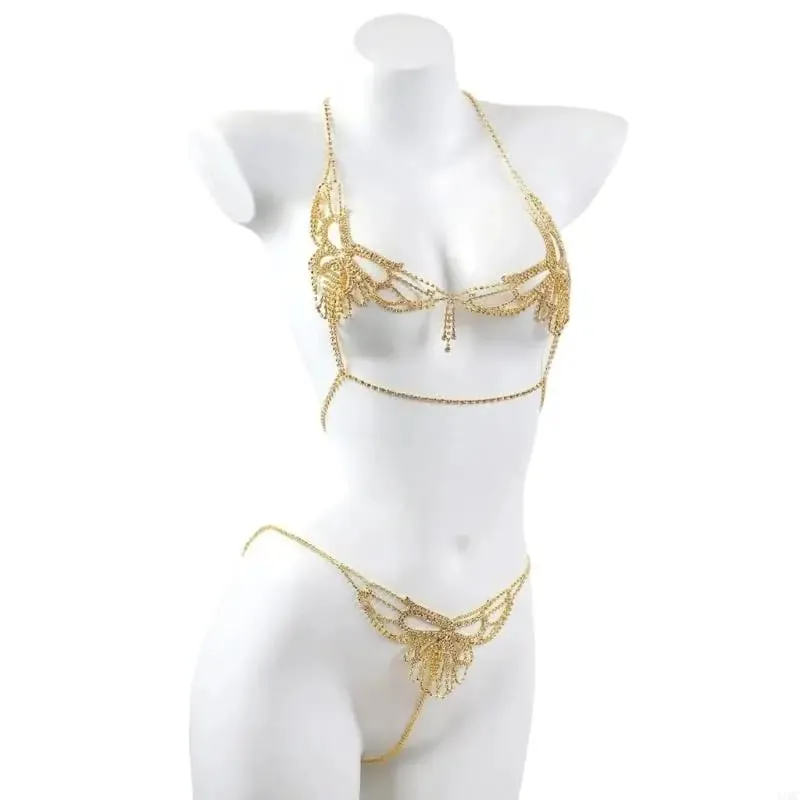 Rhinestones Outfit Body Jewelry Accessory Pangbabaeng Bra Top at Panties Thong Body Chain Set para sa Bakasyon