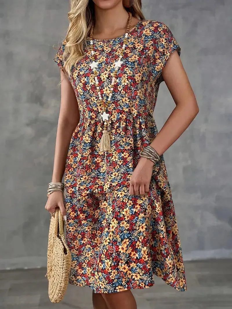 Women's Summer Floral Print Short-Sleeved Round Neck Dress Casual Loose Vacation Style Dress — image 4
