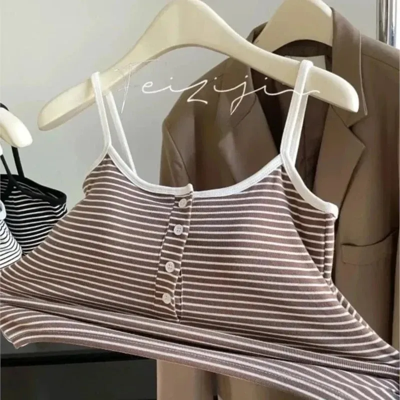Integrated Stripe Women's Vest Inner Wear Outer Wear Button Fixed Cup No Bra Sports Top Short Style Cotton 100% Short Vest — image 10