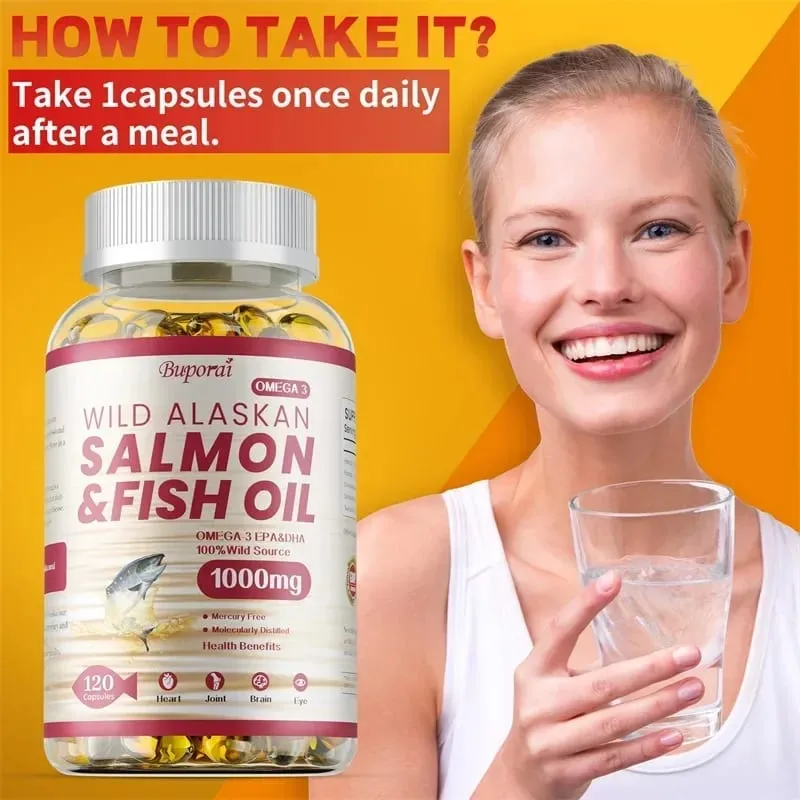 Óleo de peixe salmão - rico em EPA + DHA apoia a saúde das articulações, do cérebro e dos olhos, melhora a função imunológica e é antioxidante