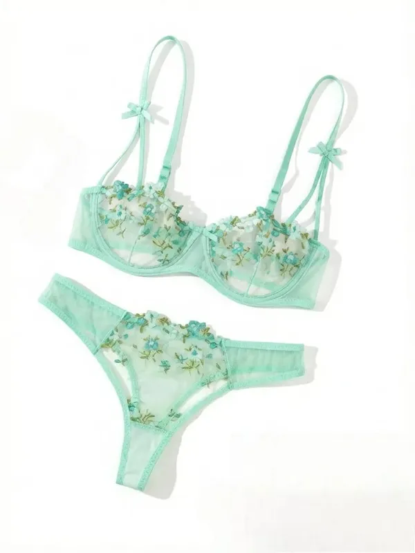 Night Beautiful Sexy Women 2 Piece Floral Embroidery Underwear Sexy Erotic Lingerie Underwear Set — image 8