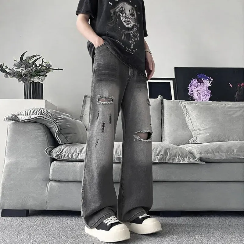 Summer Men's Distressed Denim Pants 2026 New Gray Washed Ripped Loose Straight Leg Casual Streetwear Jeans — image 3