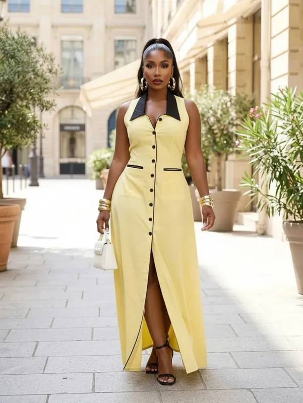 Women Sleeveless Contrast Lapel Button‑Front Split Maxi Dress With Pockets Daily Commute Street Casual Long Dress