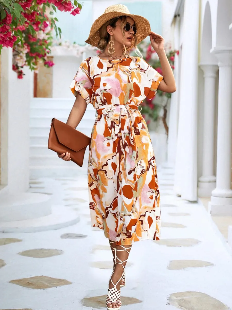 Women Long printed Dress with sashes Fashion Slim Chiffon O-neck A-line Loose Dress Elegant female holidays beach dresses