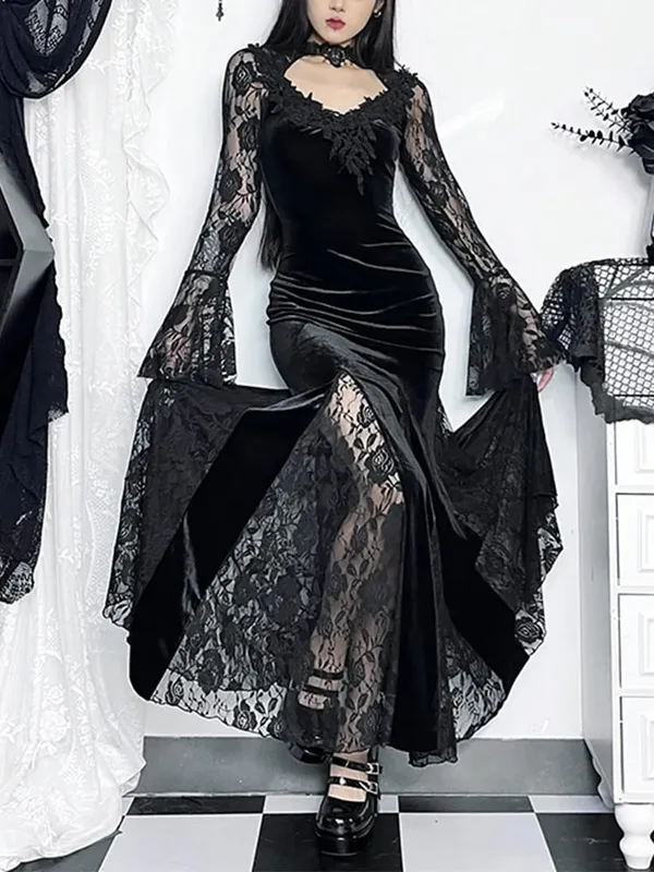 Altgoth estético gótico midi vestido feminino vintage elagnt rendas retalhos ver através da manga alargamento cintura alta clubwear vestido femme