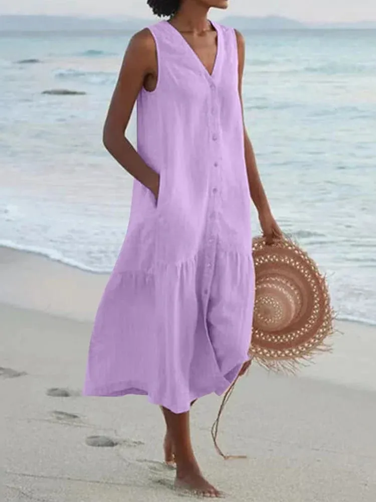 Verão solto casual retalhos algodão linho pocktes vestido com decote em v estilo praia vestido sem mangas vintage clube midi sólido vestido feminino — image 4