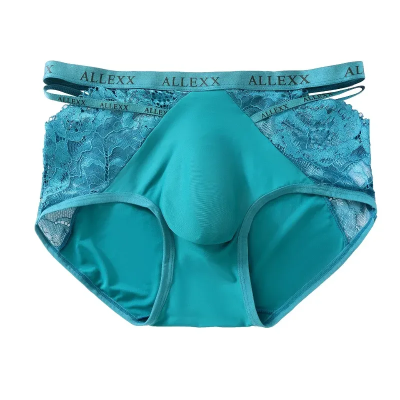Calcinha feminina para homens sexy renda oco cintura briefs respirável u convexo bolsa underpant macio rendas seda gelo emenda roupa interior — image 1