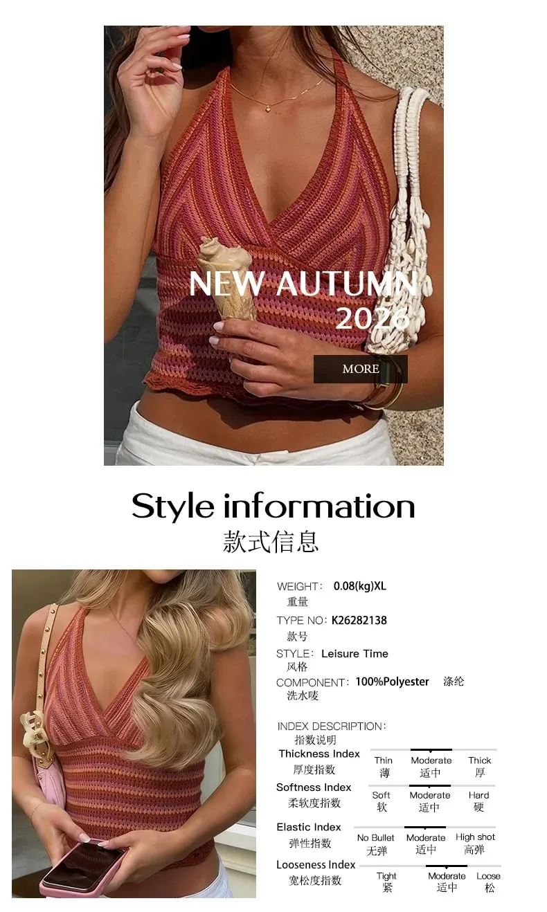 Women Spring Summer Halter Knit Cami Top Deep V Neck Gradient Stripe Sleeveless Cropped Tank Top Casual — image 7