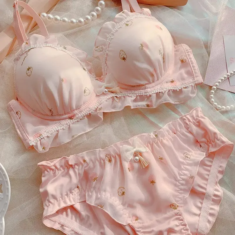 Cute Strawberry Print Wireless Thin Cup Push Up Bra Panty Set Kawaii Japanese Comfort Underwear For Small Chest Daily Wear S-XL — image 8