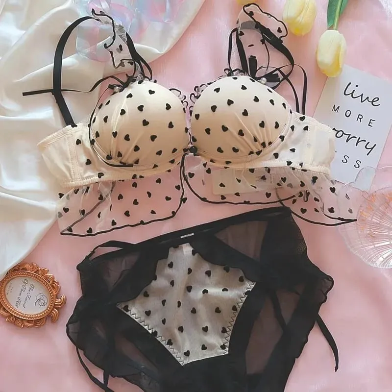 Cute Heart Lingerie Set for Girls Bralette & Panty Set Wire-Free Soft Bra Small Breasts Comfort
