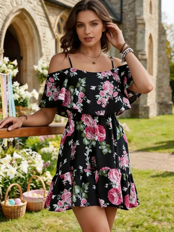Women's European-Style Floral Print Dress Sleeveless Halter Top with Ruffled Edges Short Skirt for Summer