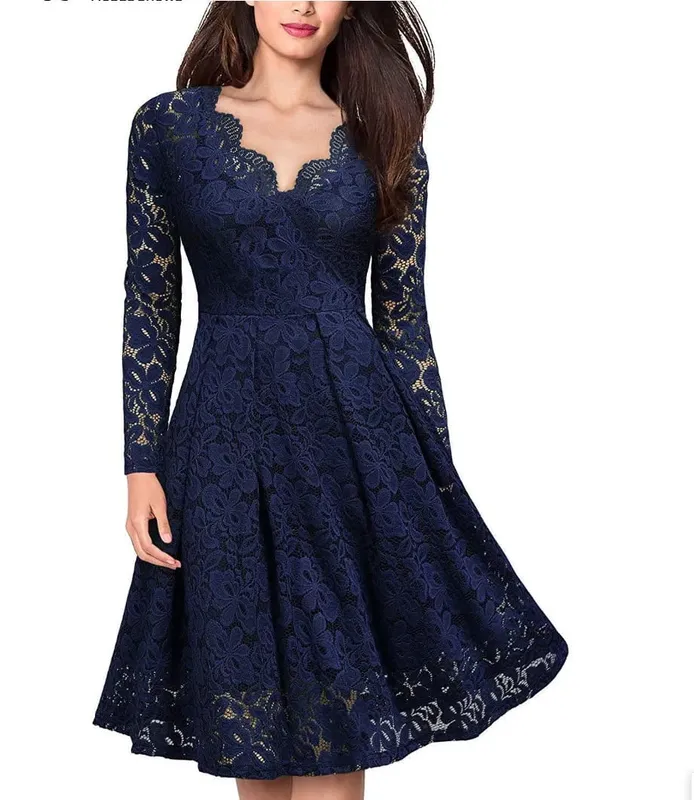 Women Lace A-Line Dress Spring Autumn V Neck Long Sleeve Lace Crochet Patchwork WineRed Slim Party Dresses JYFS-JY8858 — image 7