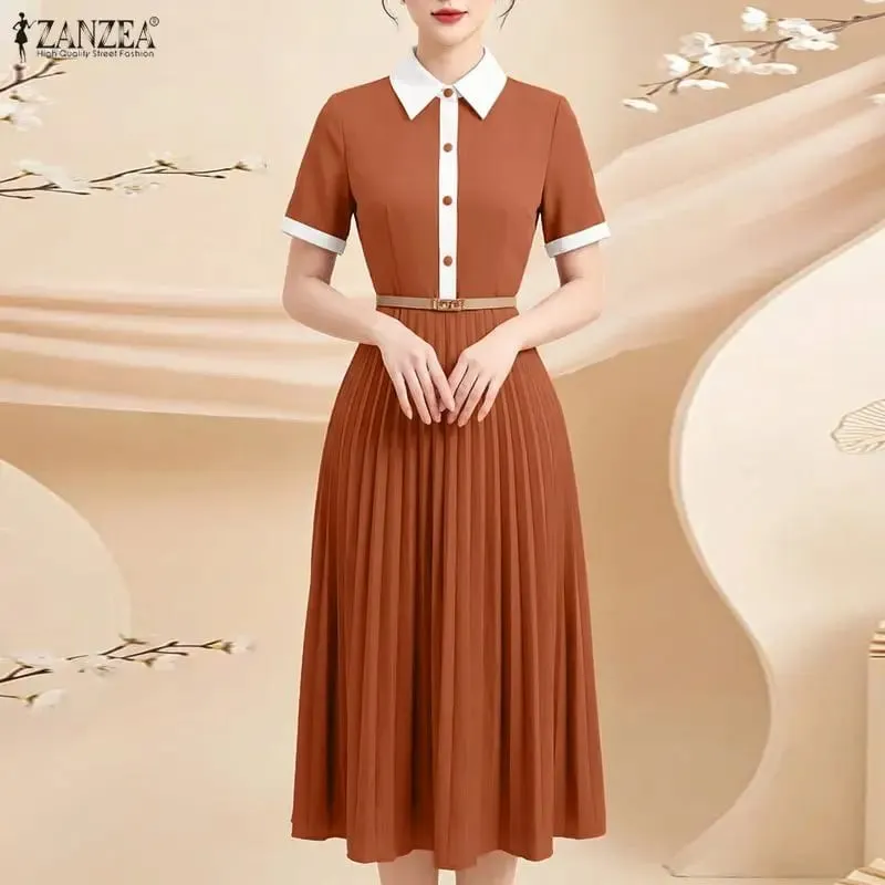 Professional OL Dress ZANZEA Women Summer Sundress Stylish Lapel Neck Short Sleeve Pleated Sundress Elegant A Line Work Dresses — image 1