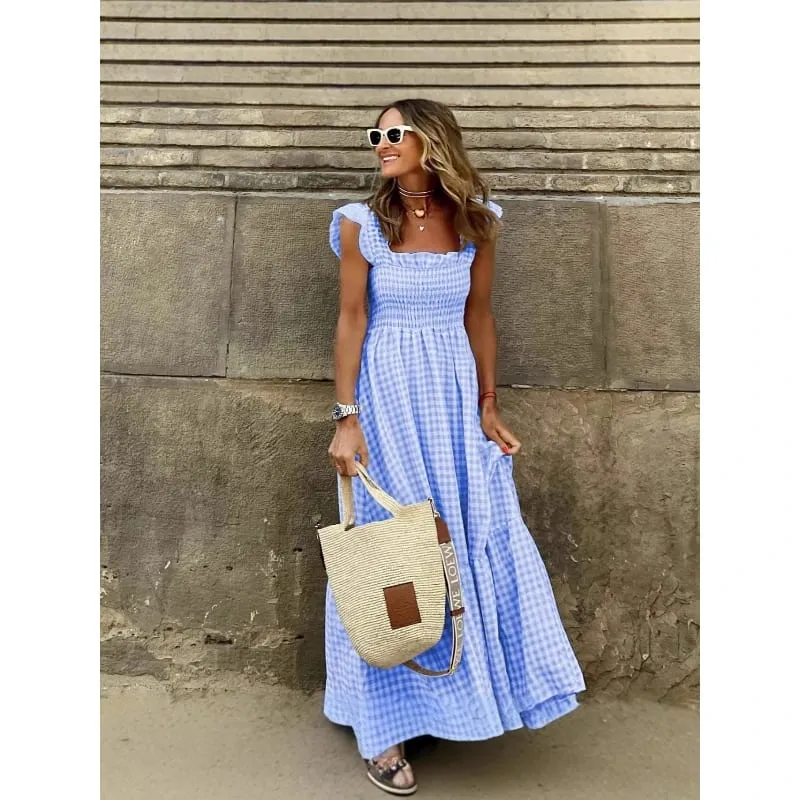 Elegant Temperament Plaid Patchwork Slip Boho Dress Summer Ruffle Backless Pleated Elastic Waist Swing Loose Party Dresses — image 6