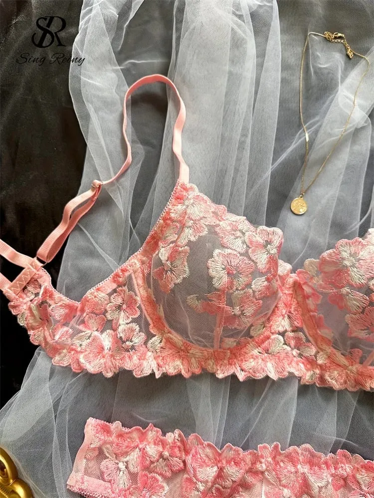 Malha pura lingerie duas peças ternos francês floral seusual conjuntos de roupa interior feminino bordado sexy sutiã e cuecas conjuntos — image 5