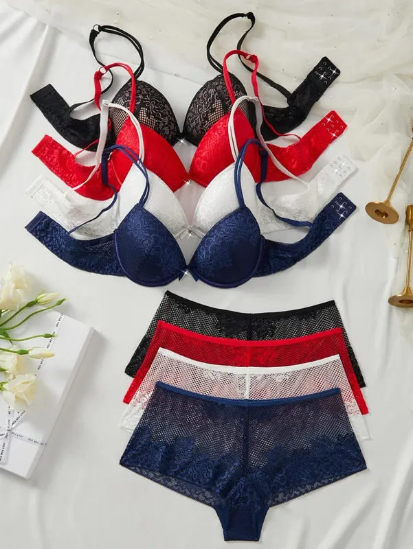 4Set Women Floral Lace Lingerie Set Underwire Push up Bra Breathable Sheer Hollow Panties Ladies Underwear Set — image 2