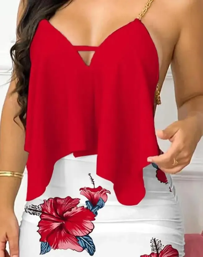 Vestidos femininos 2024 verão moda floral impressão assimétrica corrente cinta sexy sem costas com decote em v sem mangas bodycon mini vestido conjuntos — image 3