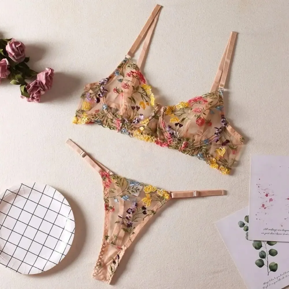 Bohemia Transparent Lingerie Set Ultra-thin Elegant Embroidery Floral Underwear Push Up Bra Suit Honeymoon