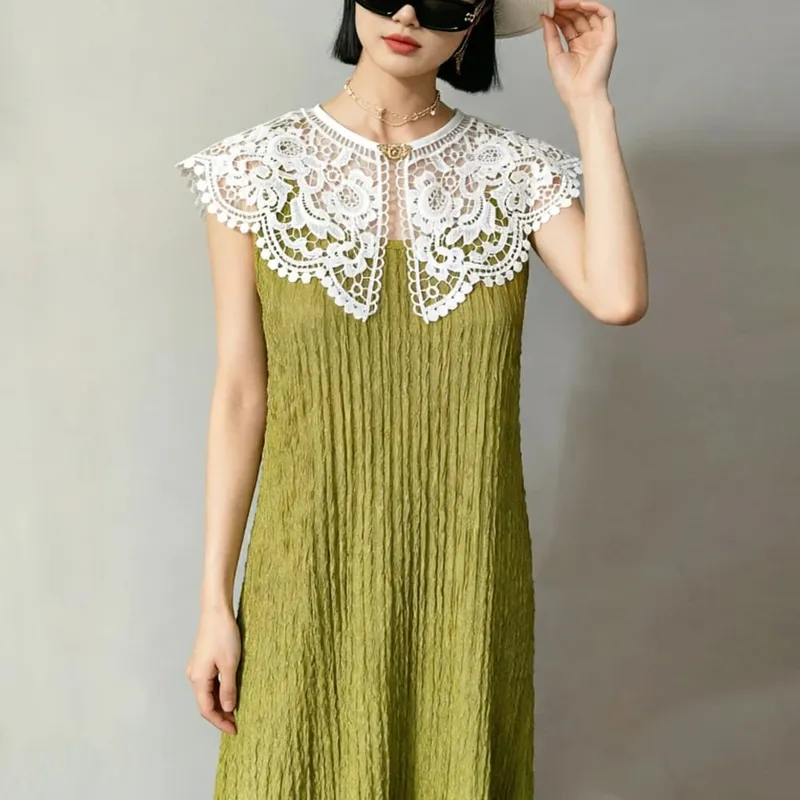 Pleated Sleeveless Elastic Long Dresses Women Vintage Palace Style Womens Black White Doll Fake Collar Soft Midi Dress Clothing — image 12