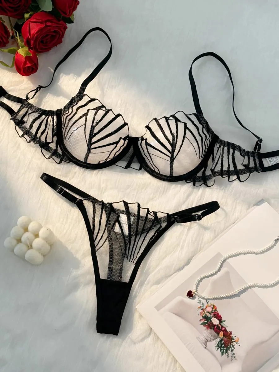 Women Black Geometric Embroidery Lingerie Set Ruffle Trim Underwire Bra Thong Sheer Mesh Stylish Intimate Underwear ZA824058