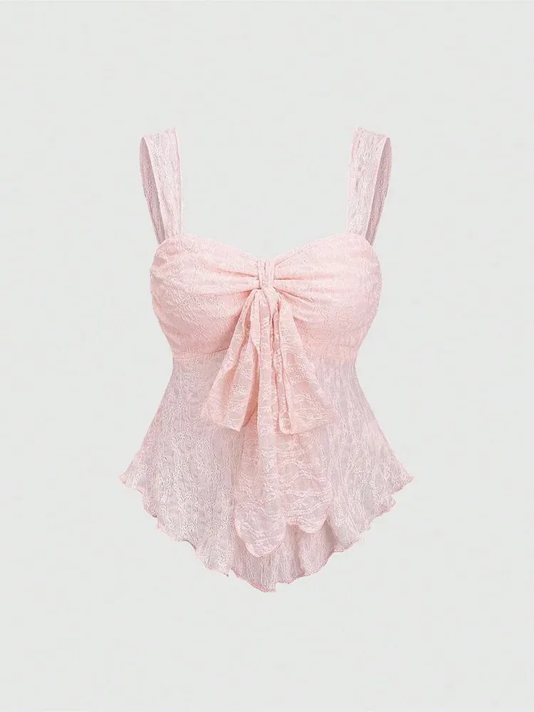 2026 Summer Women Y2K Coquette Floral Lace Knotted Bow Slim Fit Irregular Ruffled Hem Sweetheart Neck Wide Strap Cami Tank Top — image 1