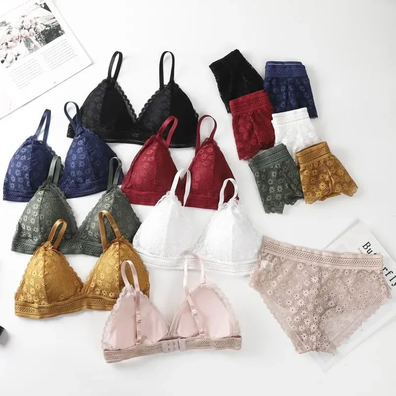 Lace Back Women Bra Set Without Steel Rims French Triangular Cup Comfortable Chest Covering Stretchable Skin Friendly Underwear — image 2