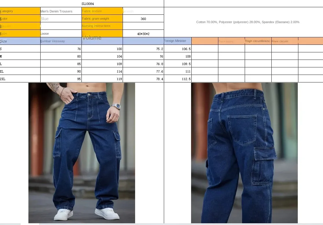 Men's Deep Blue Washed Denim Workwear Jeans Casual Multiple Pockets Design Loose Wide Leg Trousers Y2K Style Cargo Pants — image 6