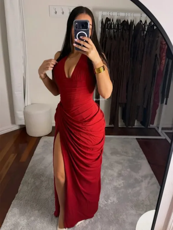 Elegante amarelo sem alças plissado vestido longo feminino chique sólido sem mangas cintura cinching split vestido 2026 senhora festa de noite robes — image 26