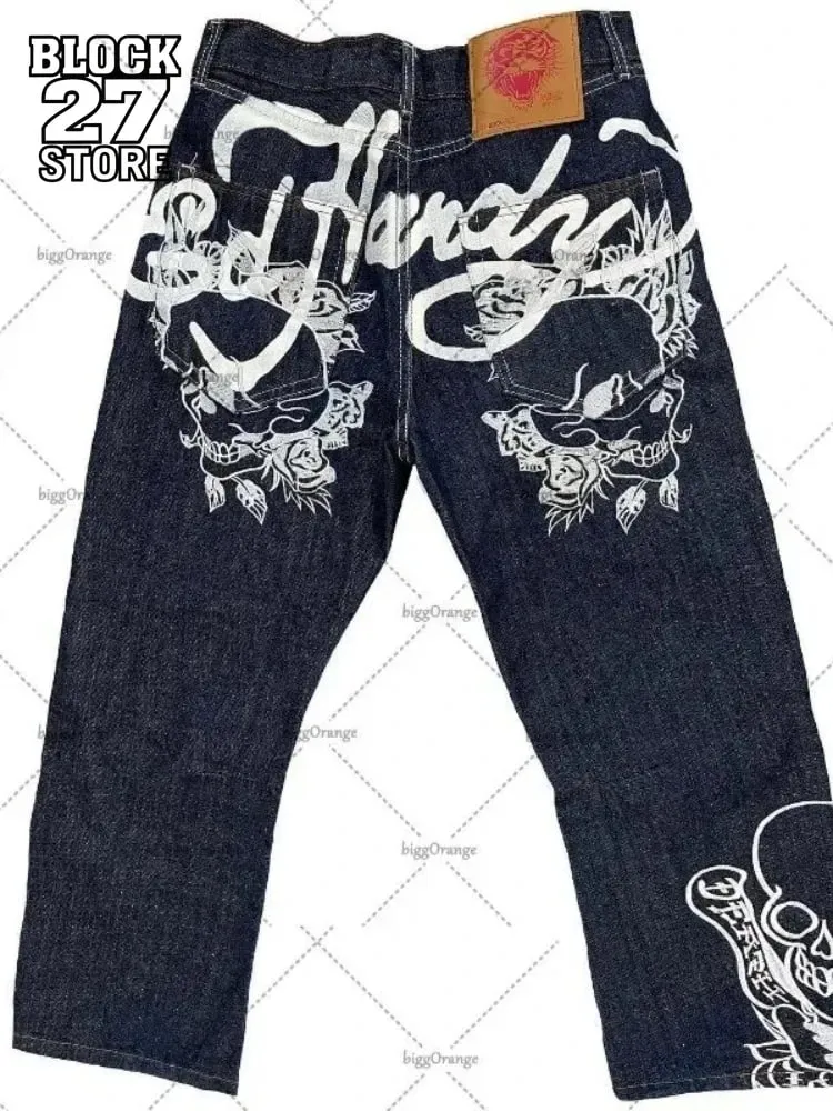 Mens Jeans Streetwear Y2K Vintage Straight Leg Denim Pants Skull Rose Flame Print Design Loose Fit Retro Punk Hip Hop Fashion — image 2