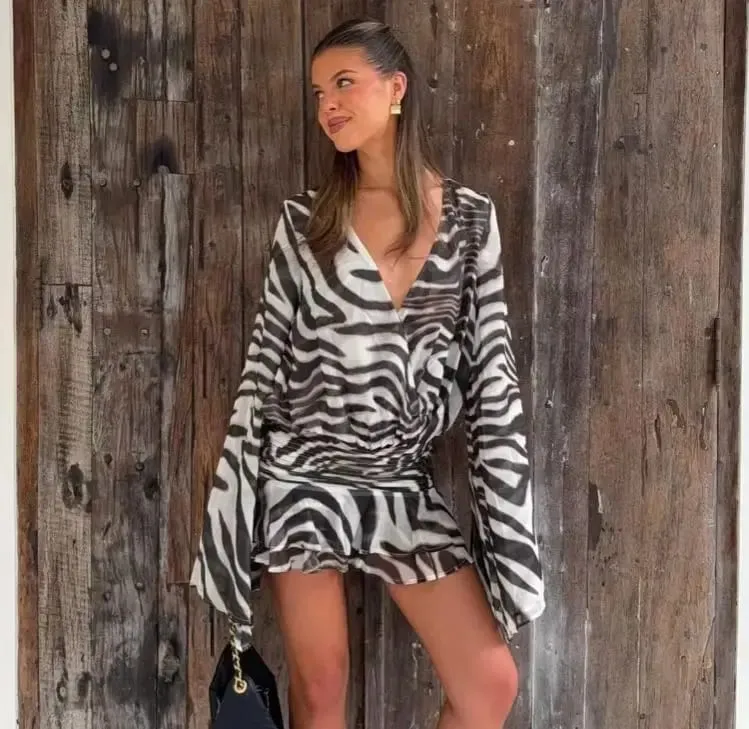 Pambabaeng Zebra Print Long Sleeve Mini Dress Zebra Print Long Sleeve Mini Dress Party Club Zebra Print Ruffle Dress Tag-init 2026 — image 3
