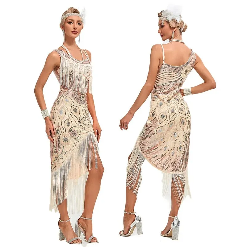 Vestido de lantejoulas 1920s retro borla pavão padrão vestido grande gatsby cocktail festa charleston vestido de dança bola longo vestido de noite — image 4