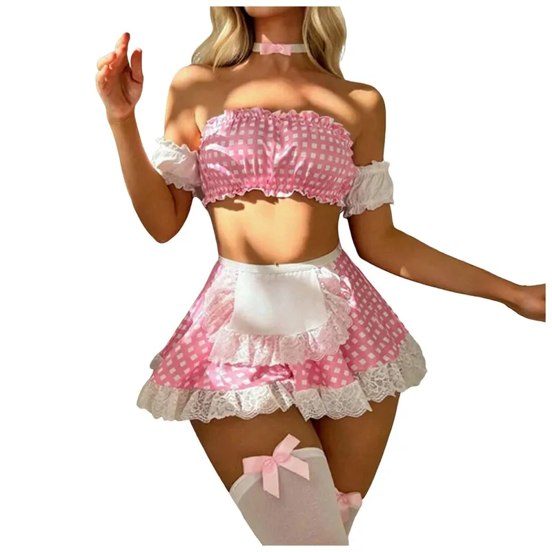 Sexy Maid Grid-Print Lace Skirt Lingerie Sets Adult Uniform Cosplay Backless Tube Tops Pouch Skirt Sets Elegant Night Club Wears