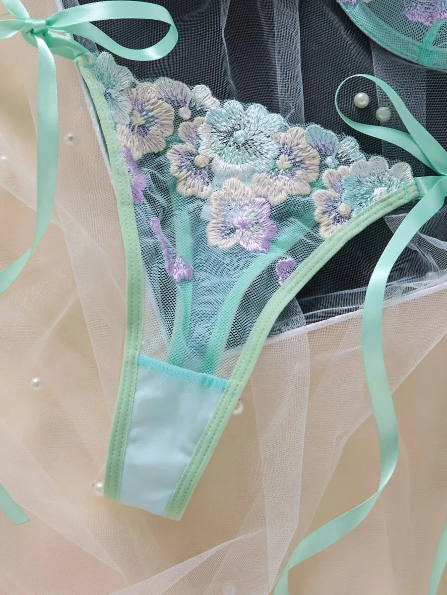 Feminino doce flor bordado conjunto de sutiã de renda com underwire malha transparente lado arco calcinha lingerie romântica S-XL tamanhos — image 3