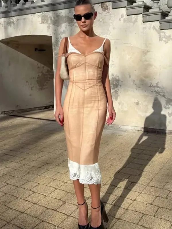 Sexy nude fishbone com decote em v vestido feminino elegante sem mangas plissado fino cintura-cinching vestido 2026 festa de verão casual streetwear