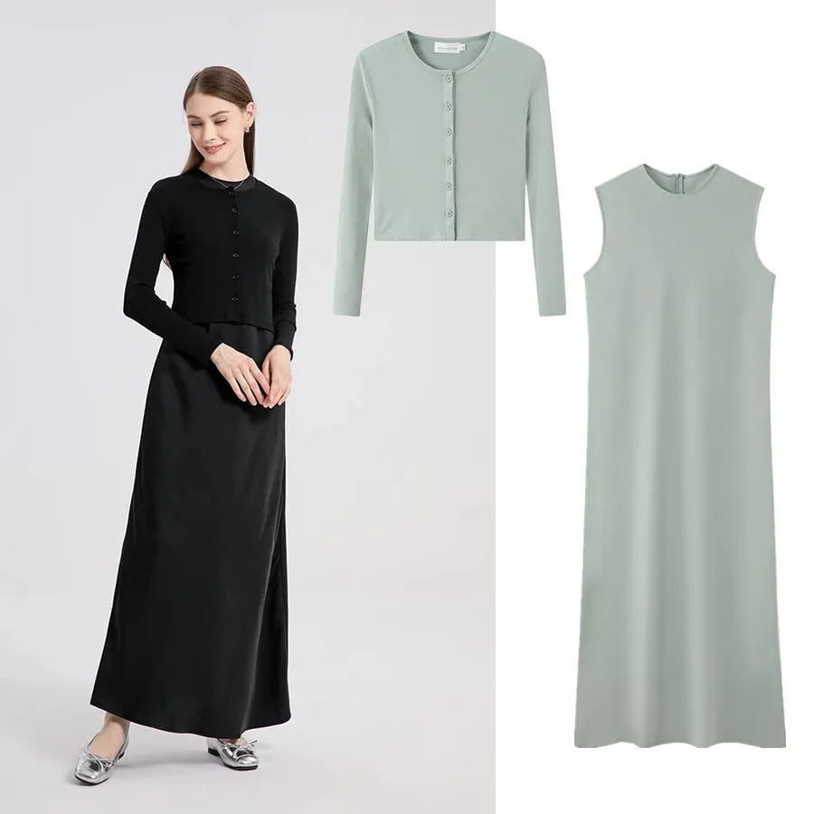 AS 2024 kvinnliga kläder höga Stretchribbar med stängda omslagstoppar + Matt satin klänning Maxi matchande set (levereras inom 1 dag) — image 6