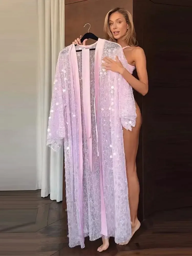Sexy Sequined Women's Cardigan Dress Mesh Long Sleeve Loose Lace Up Ankle-Length Dresses 2026 Summer Chic Female Vacation Robe — image 5