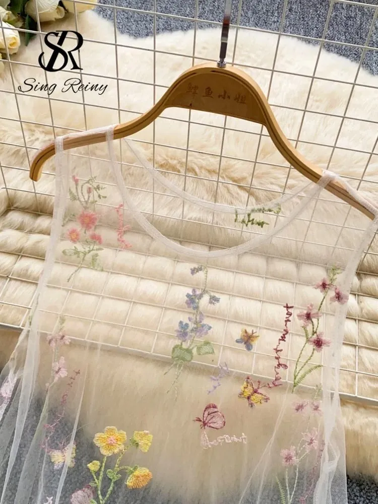 Holiday Floral Embroidery Long Dress 2026 Women O Neck Sleeveless Loose Irregular Summer French Mesh Bohemian Sundress — image 5