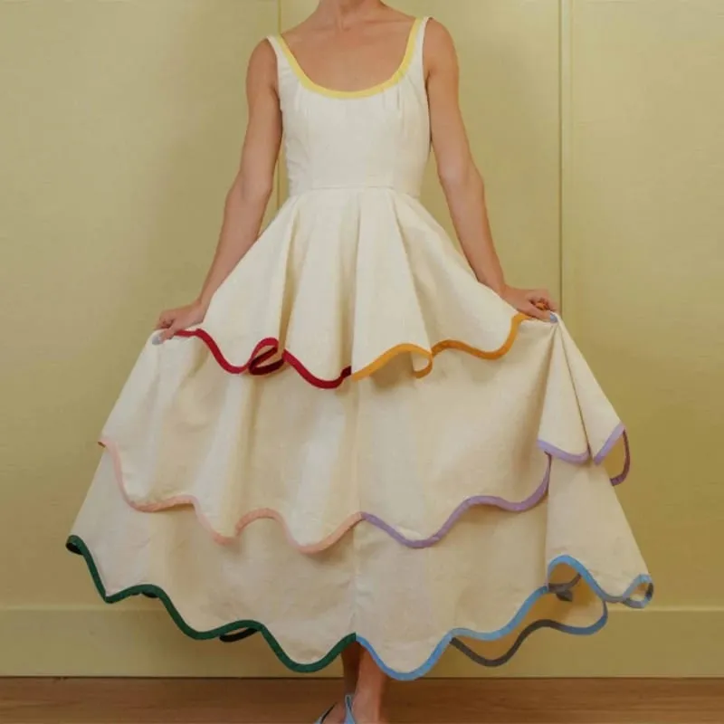 Moda contraste plissado maxi vestido feminino sexy u pescoço sem mangas cintura alta solto vestidos longos 2026 primavera verão senhora boho robe