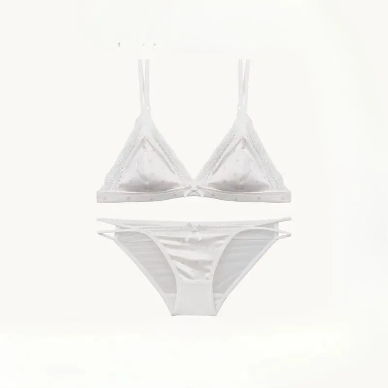 French Style Sweet Triangle Cup Lingerie Set Women Satin Lace Wireless Small Bust Gathered Thin Fabric Sexy Soft Underwear S-XL — image 5